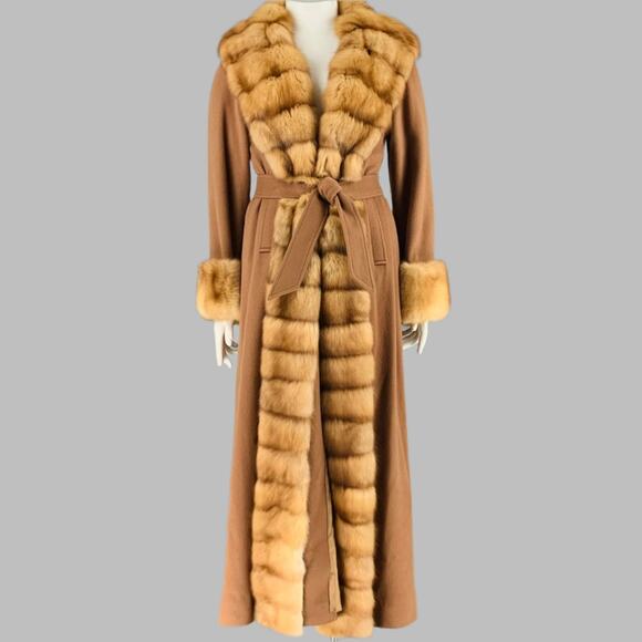 VINTAGE Size M Camel Cashmere Fur Belted Coat - Picture 1 of 7